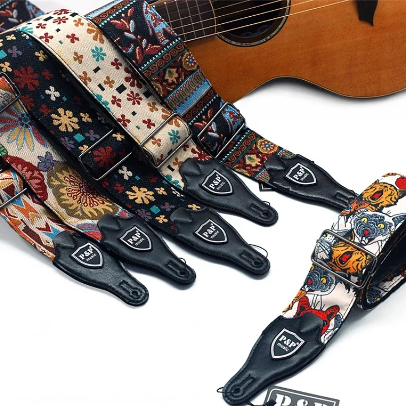 Embroidered Guitar Strap Adjustable Retro Shoulder Strap for Electric Guitar Acoustic Guitar Ukulele Bass Accessories