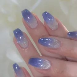 24Pcs Gradient Blue Fake Nails Simple Mid-length Ballet False Nails with Cat's Eye Design Press on Nails Full Cover Nail Tips