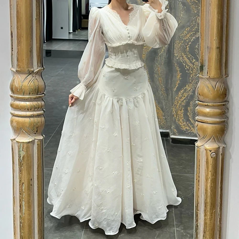 Customized A-line Evening Dresses Ankle-length V-neck Full Sleeve Prom Gown Fashion Lace Button Lace-up Simple Draped Party Gown