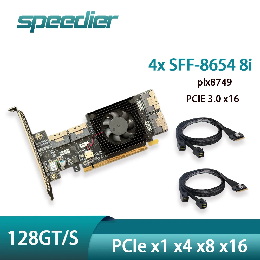 4x SFF-8654 8i Expansion Adapter Card Plx8749 for U2 Hard Disk Network Graphics Supports X1 X4 X8 X16 Split-free Pcie 3.0
