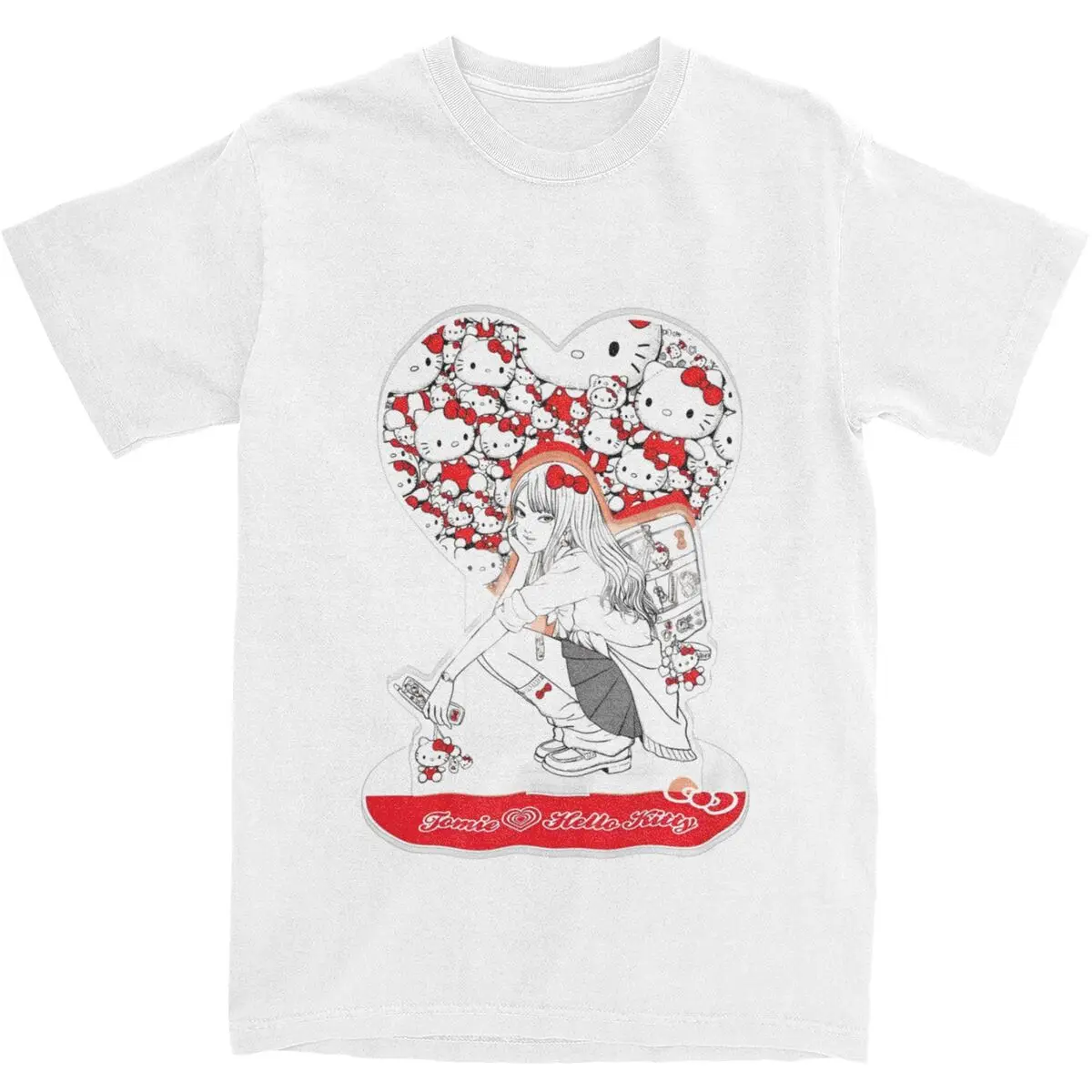 Men's Junji Ito X Hello Kitty T Shirts Cotton Tees Summer Vintage T Shirt Crew Neck Fashion Casual Tee Shirt New Arrival