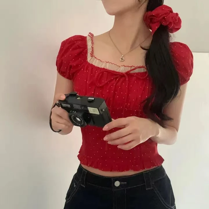 الصيف المرأة الشيفون irt الكورية Sle الحلو الدانتيل تقليم لصق ساحة طوق البولكا نقطة عقدة مع رباط شعر