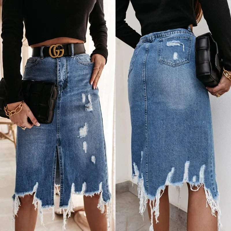 Denim Skirt Women Femininity Washed Irregular Ripped Tassel Medium and Long Skirt Slim Fits Sheath Denim Sexy Pencil Skirts