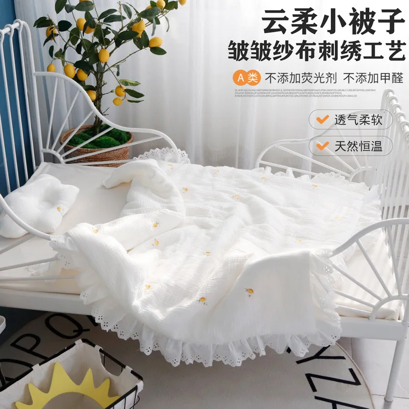 Winter Thick Embroidery White Muslin Cotton Blanket With Lace Baby Swaddle Baby Comforter Princess Baby Receiving Blanket