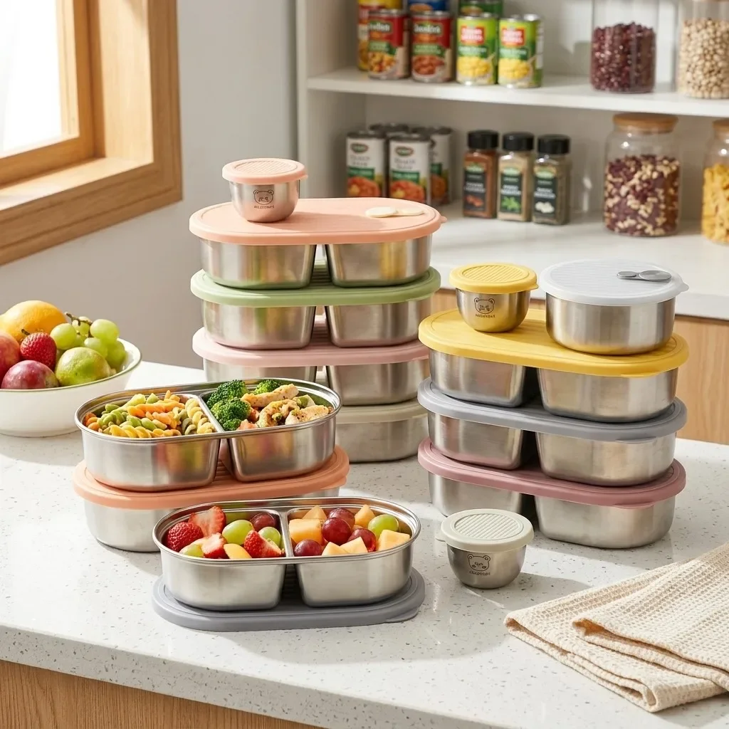 Microwavable 304 Stainless Steel Bento Lunch Box Leakproof Meal Prep Divided Food Storage Containers with Lids For Kids School
