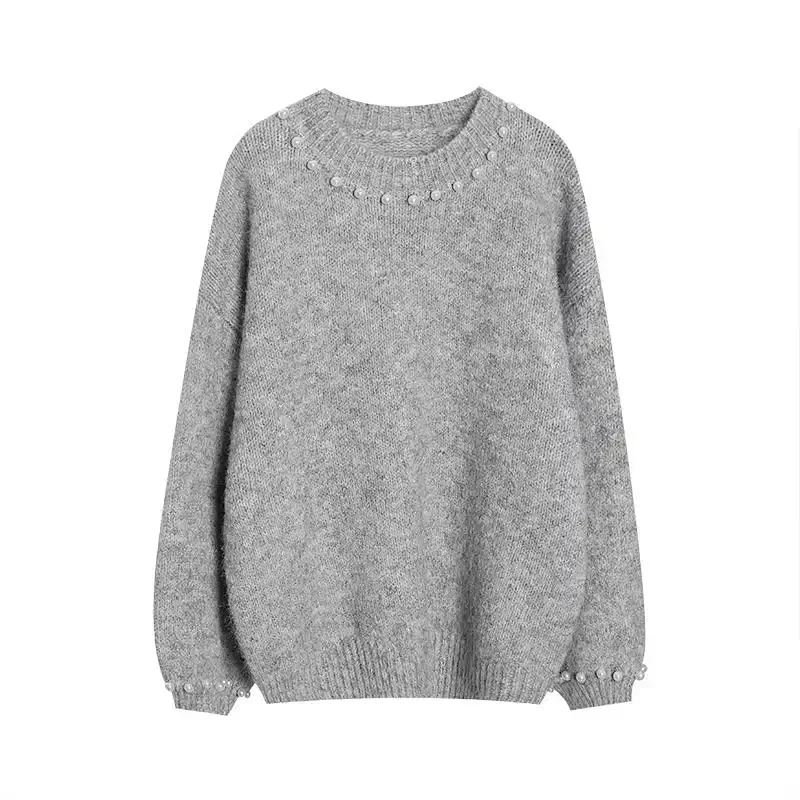 Suéteres holgados rojos con cuentas para mujer, ropa Vintage de Color sólido para otoño e invierno, jerséis de punto de manga larga con cuello redondo