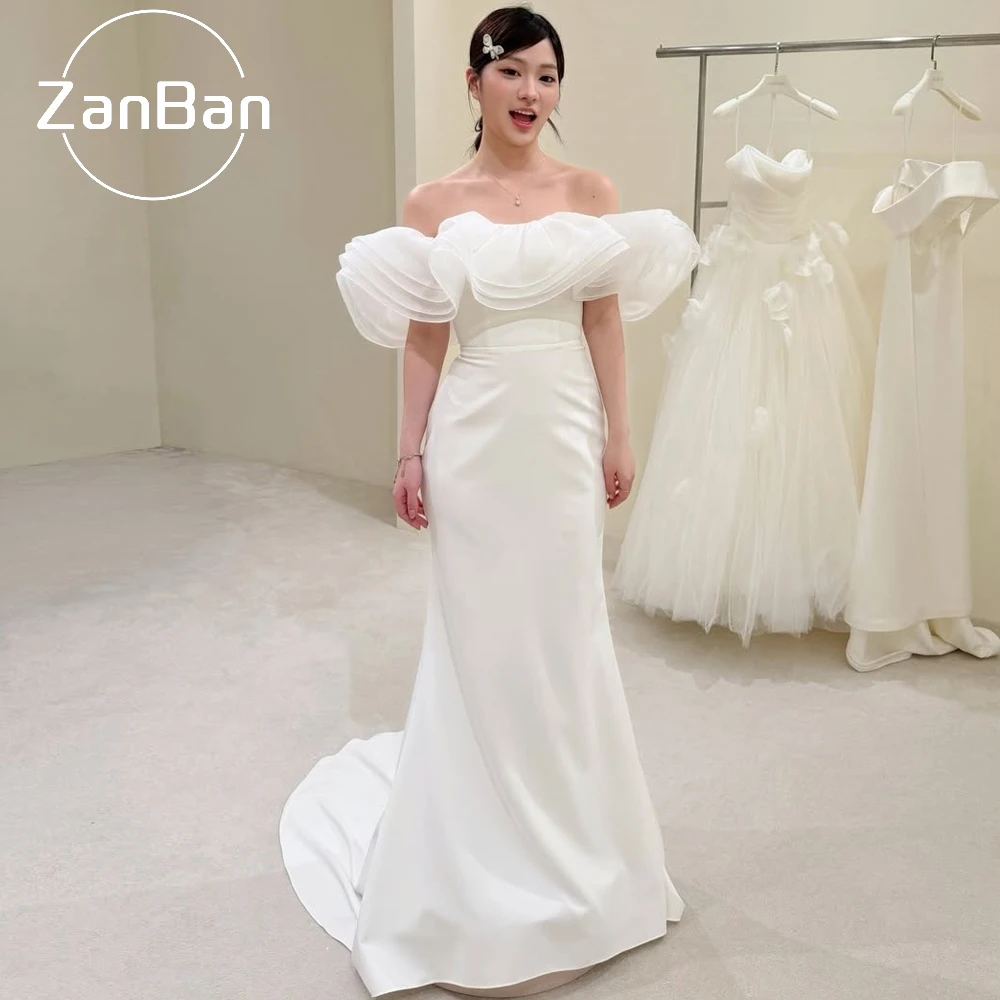 ZanBan Charming Wedding Party Dress Off Shoulder Ruffles Ivory Satin Korea Photo Shoot Bridal Reception Gown Customized 2026 New