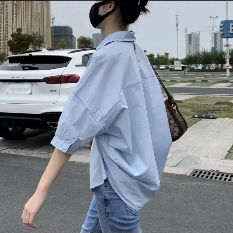 Women Shirts Solid Turn Down Collar Button Elegant Lady Blouses Half Sleeve Spliced Loose Lady Casual Shirt Summer 2025
