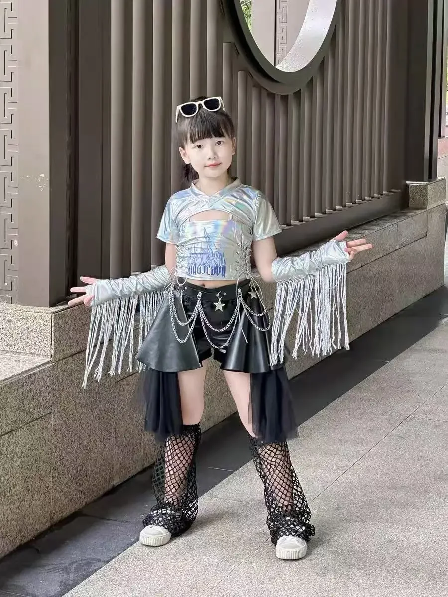 

Детский костюм для джазового танца, модная юбка с джазовой лентой для девочек, модный крутой комплект для групповой сцены для девочек, прогулок, танцевального выступления