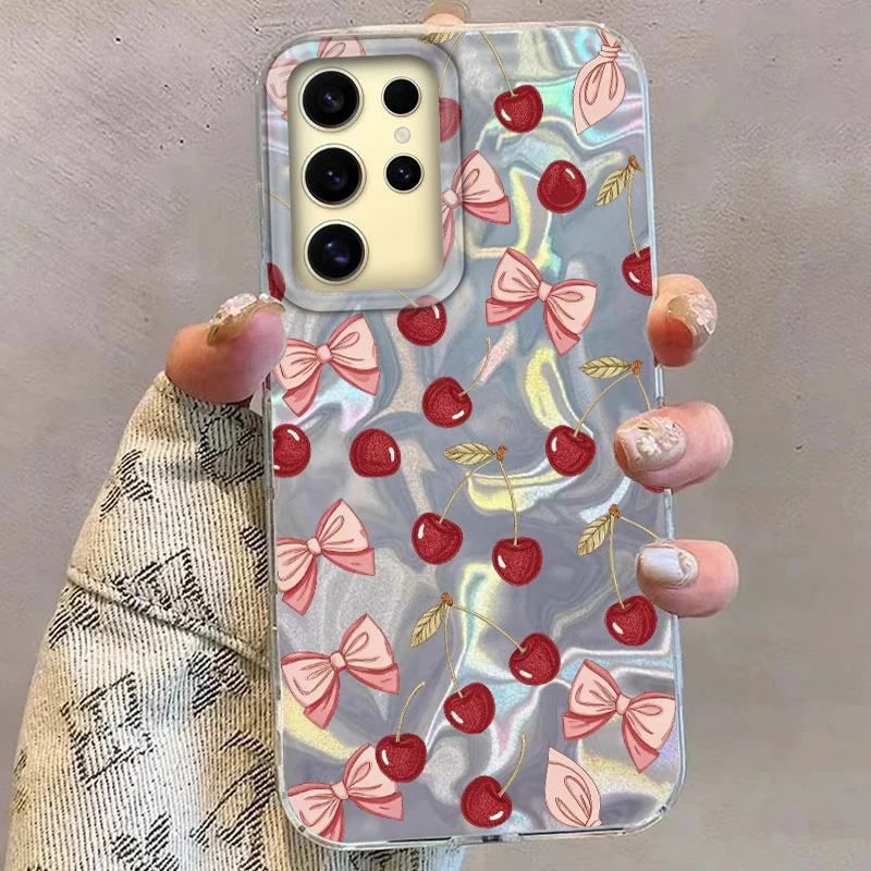 Nette Kirsche Schmetterling Bogen Muster Telefon Fall Für Samsung Galaxy S21 S22 S23 S24 S25 Plus FE Ultra Abdeckung S22 s23 + Obst Fundas