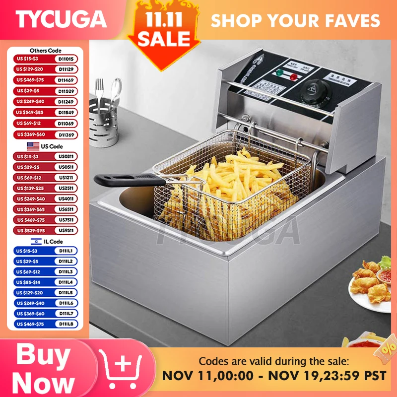 Penggoreng Listrik Komersial 6L Penggorengan Baja Tahan Karat Mesin Goreng Camilan Pemanas Cepat Ayam Kentang Goreng 220V/110V 2500W