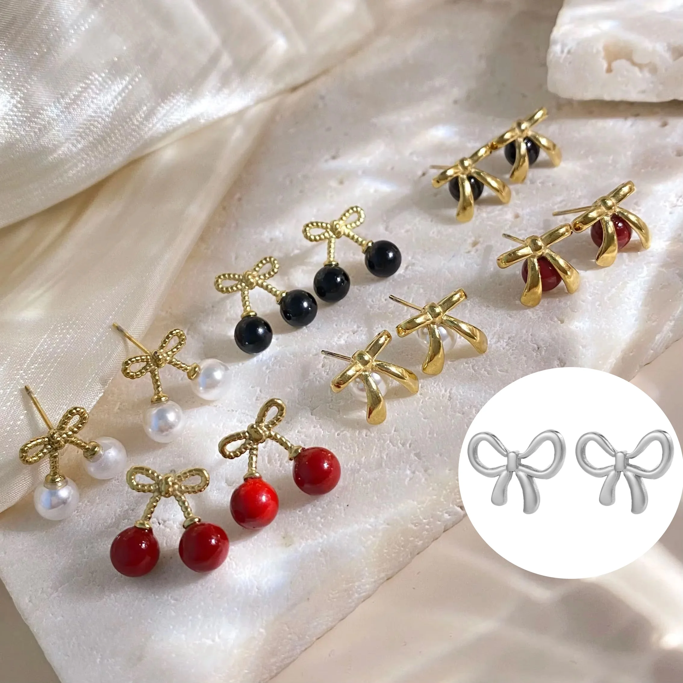 

Tarnish Free Gold Plated Bow Knot Earring Gifts Jewelry Waterproof Stainless Steel Imitation Pearl Stud Earrings for Women