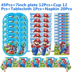 Marioed Super Bros-vajilla para fiestas, juego completo de decoración para fiestas de cumpleaños de niños, Pancarta, platos, mantel