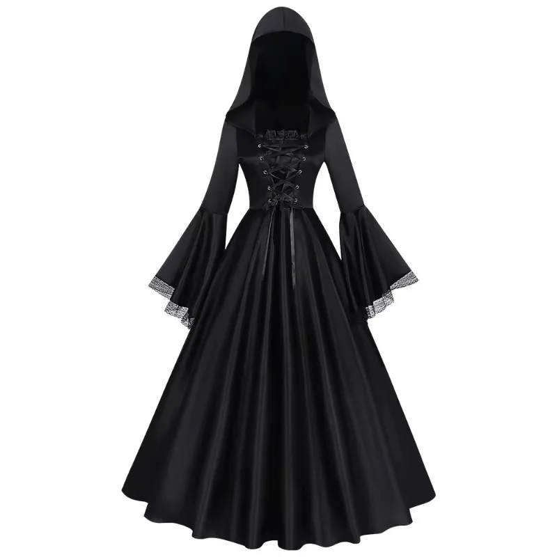 Dark Gothic Dress Halloween Costume Women Witch Vampire Outfit Robe Hood Gown Sorceress Outfit Lace Sleeves For Adult