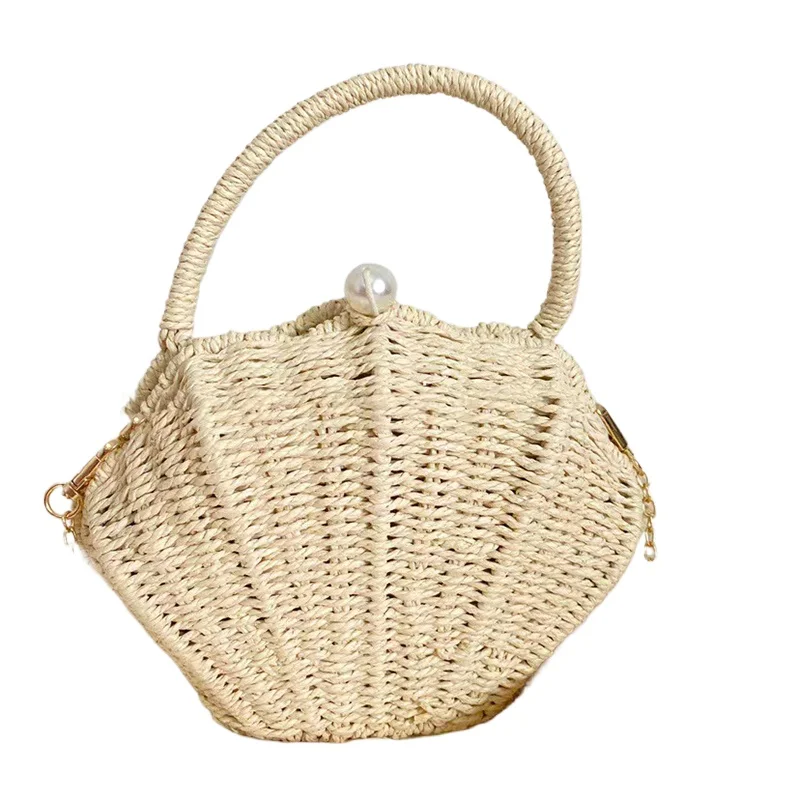 Shell shaped chain small Messenger Bag rattan woven ins beach vacation mobile phone fashionable Crossbody bag beach Straw bag
