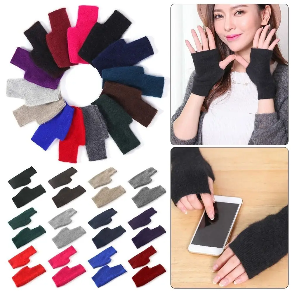 Fashion Wool Mink Cashmere Gloves Fingerless Thick Knitted Wool Glove Exposed Finger Warm Wrist Gloves Women Girl
