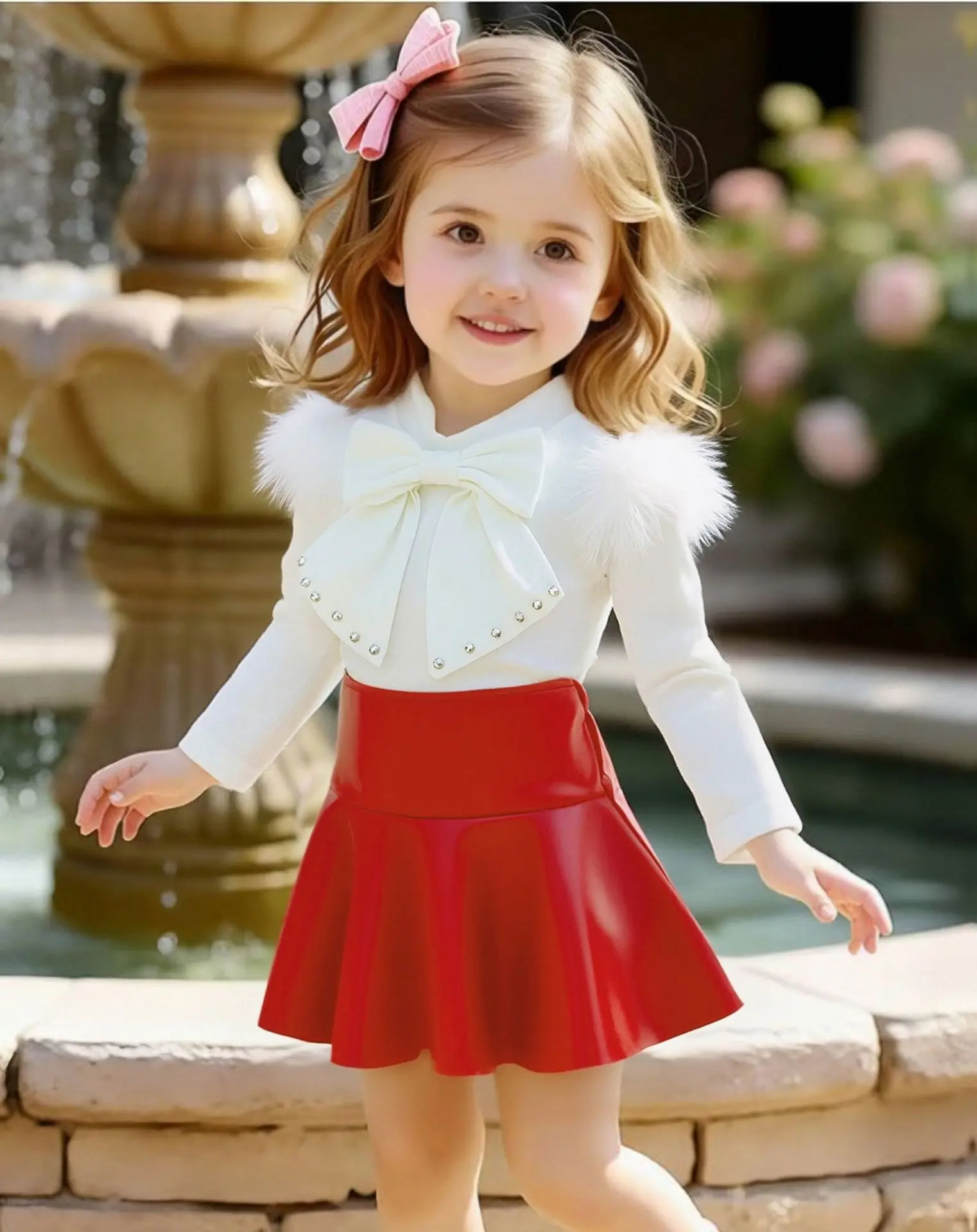 European and American Girls' Autumn New Bow Nail Bead Hairy Flying Sleeve Top PU Leather Pleated Skirt Two-piece Set