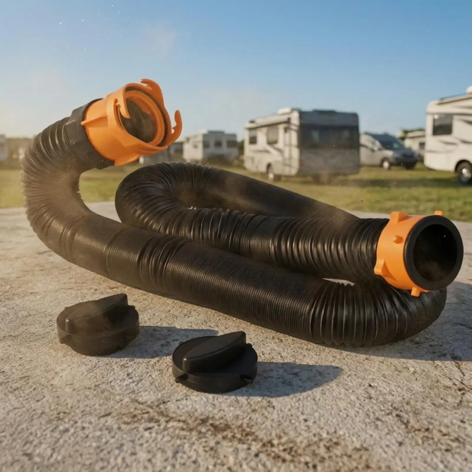 Flexible RV Drainage Tube 3 Inch Sewage Hose for Black Water Waste Tank with Orange Couplers