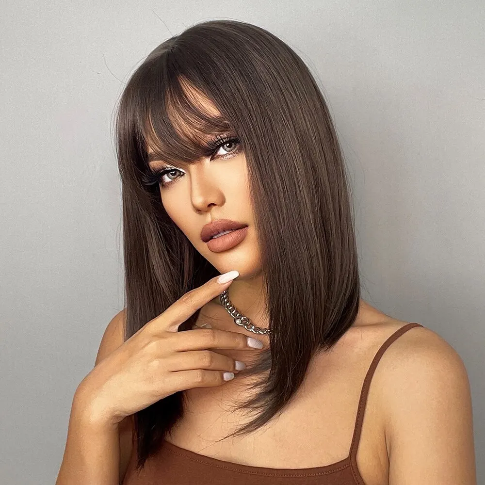 Brown Straight Synthetic Wigs With Bangs For Black Women Shoulder Length Bob With Dark Roots For Girl Daily Use Cosplay Wigs