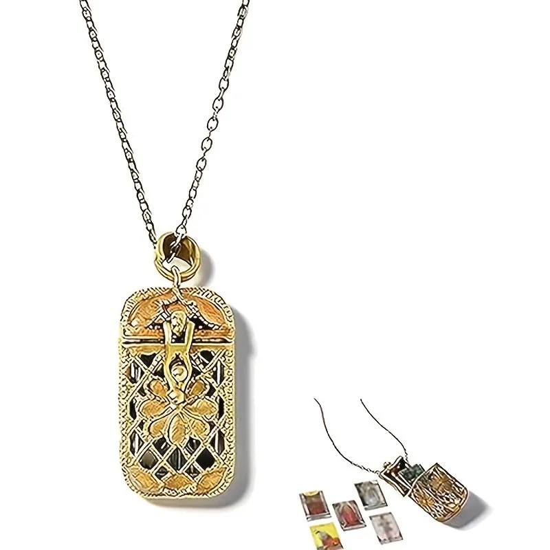 Tiny Mini Major Arcana Tarot Deck Locket Necklace, Retro Brass Filigree Cage Box Pendant Spiritual Amulet Tarot Jewelry