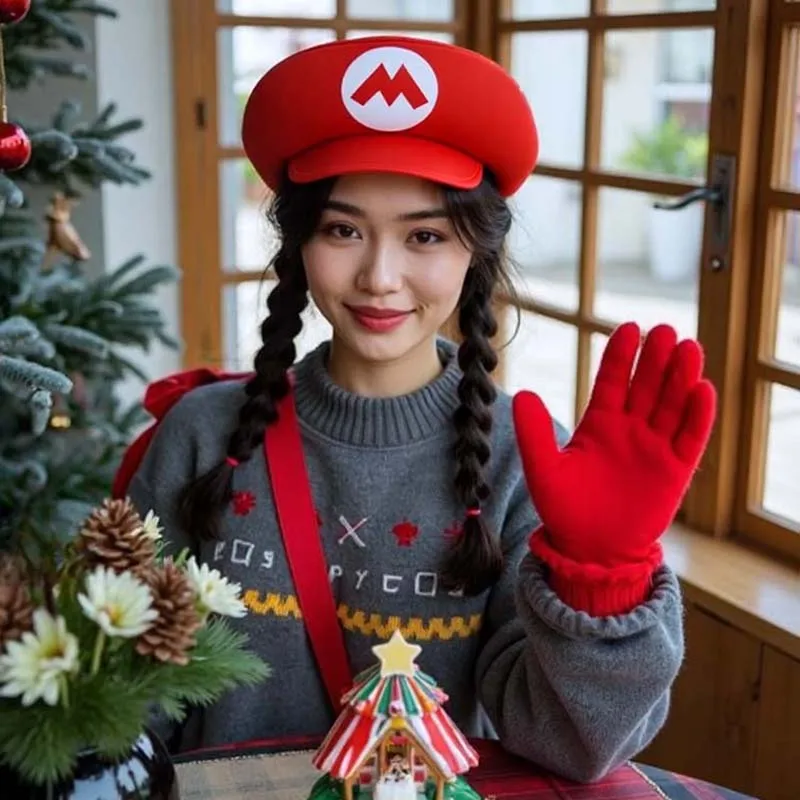 Czerwono-Zielony Zestaw Czapek Super Bros Mary Luigy Kaptury Wąsy Rękawiczki na Halloween Boże Narodzenie Cosplay Kostiumy Pasujące Akcesoria