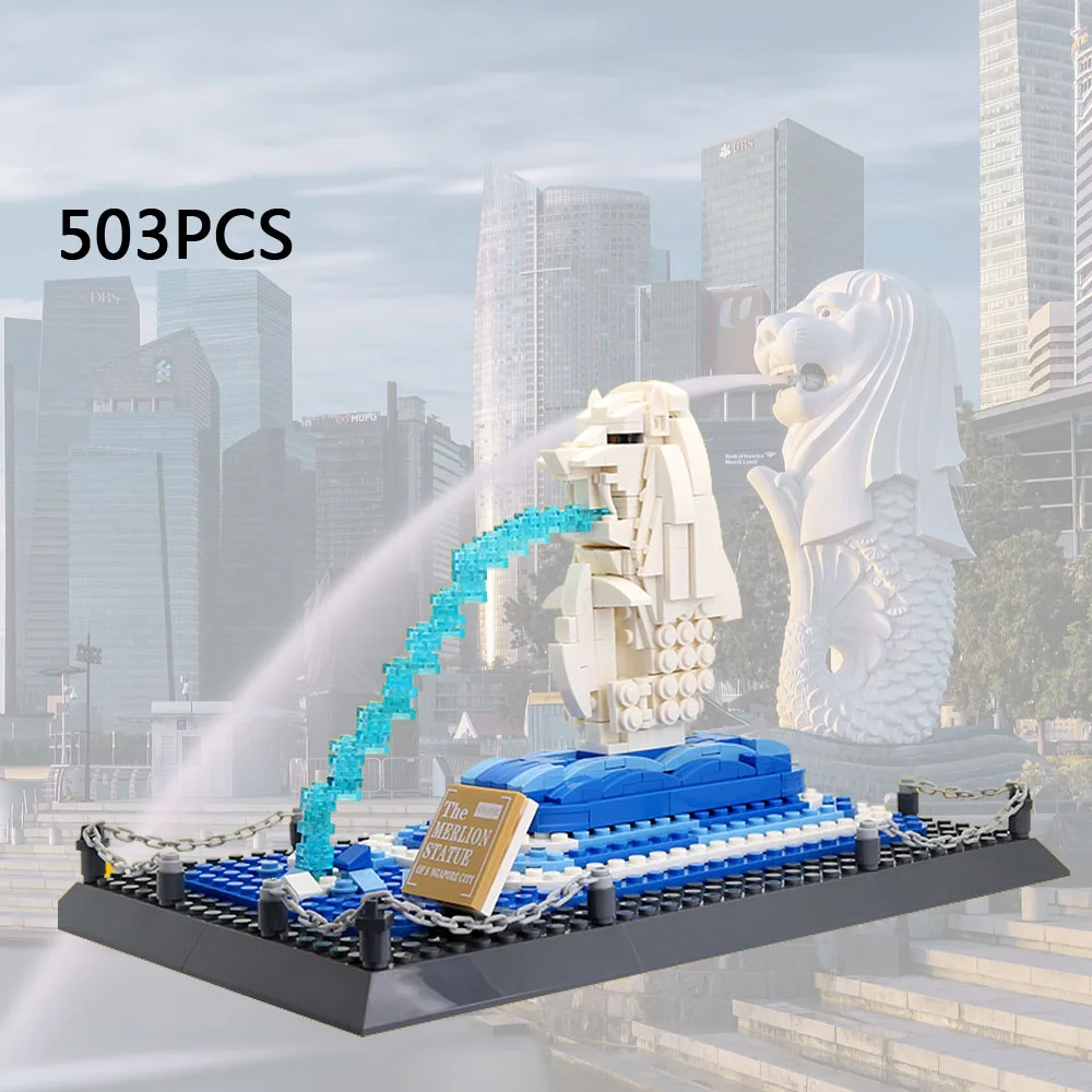 Creative World Famous Modern Architecture Merlion Fountain Singapore Landmark Building Block Construction Brick Toy Collection