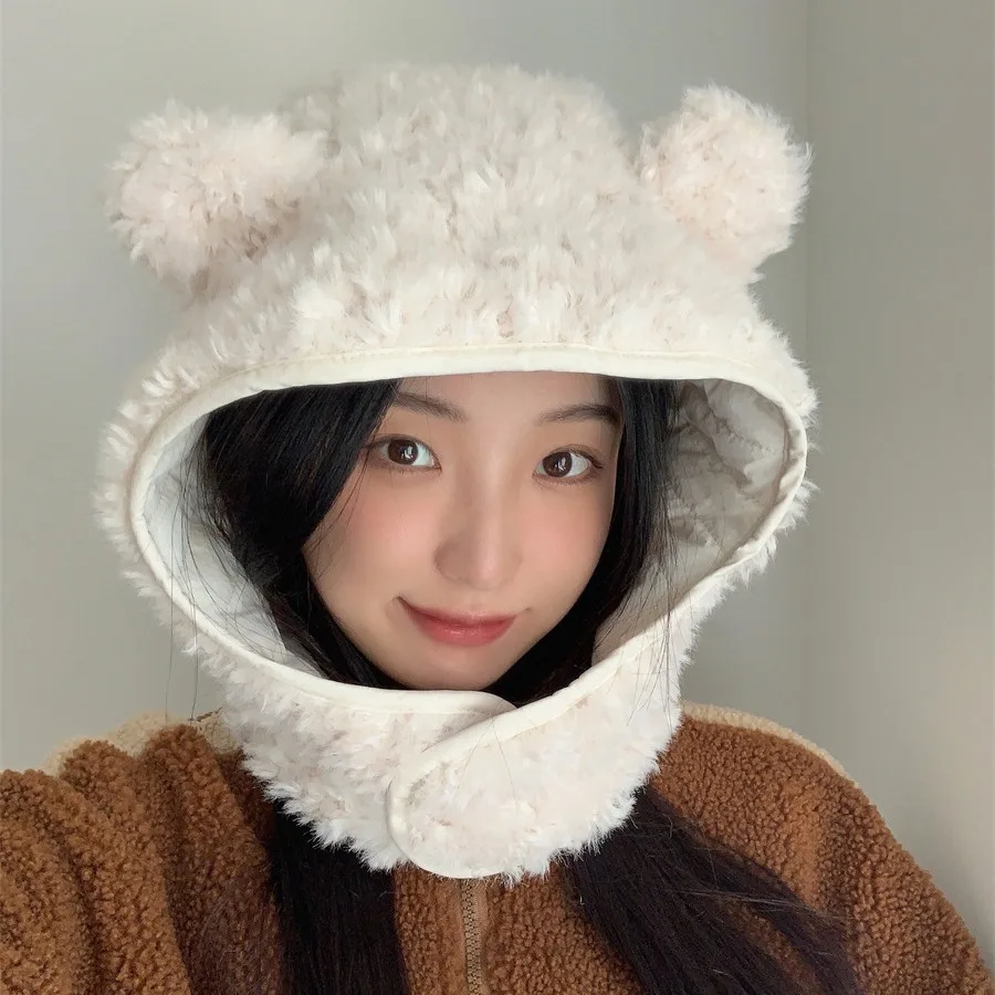 

One Hat Two Wear Woman Reversible Plush Bear Ear Bomber Hat Balaclava for Women Men Windproof Thermal Winter Female Russian Cap