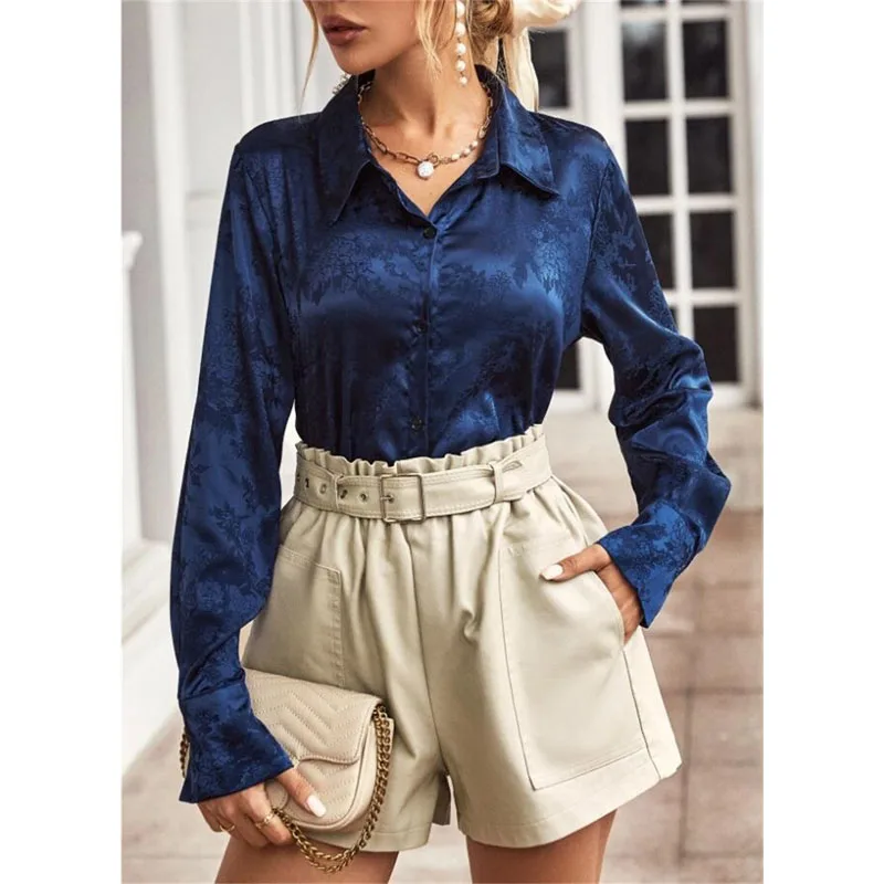 Women\'s Clothing Temperament Versatile 2023 Autumn and Winter New Spliced Button Lapel Long Sleeve Simplicity Solid Color Shirt