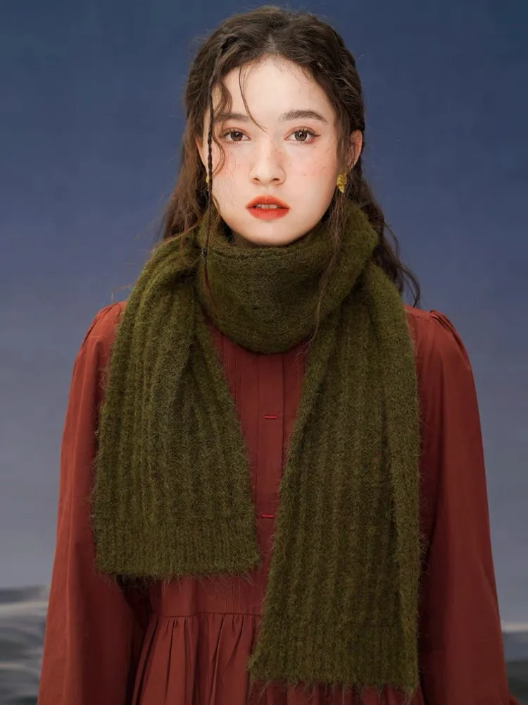 Autumn Winter Original Design Women Vintage Style Green Warm Wool Scarf