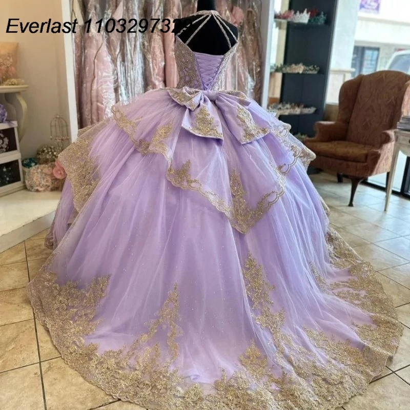 EVLAST-Vestido Quinceanera de Lavanda Brilhante, Applique Dourado, Cabresto Beading, Espartilho, Sweet 16, TQD500, 15 Anos