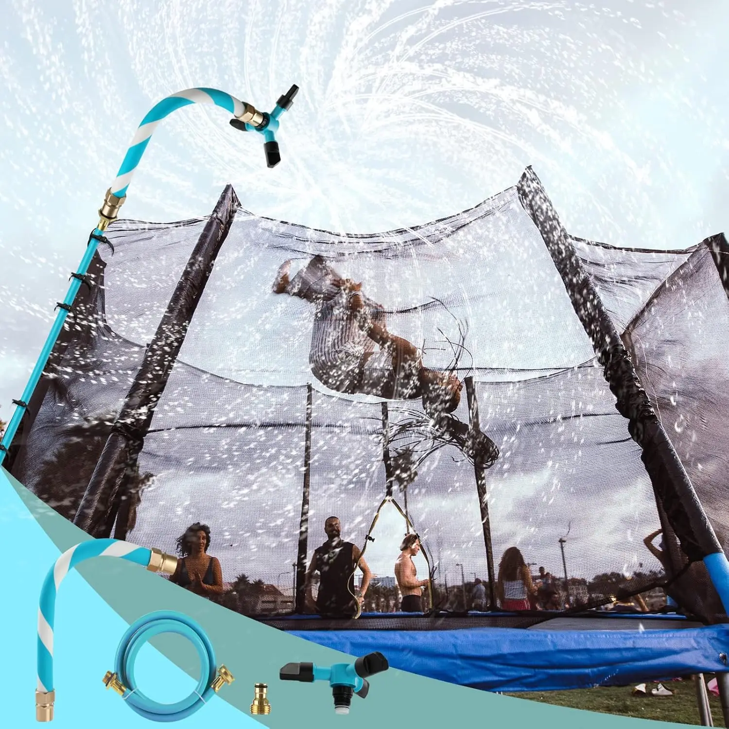 360° Rotating Trampoline Sprinkler for Kids, Quick Setup for 10-16ft Trampolines, Blue