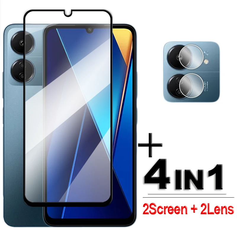 

4in1 For POCO C65 Glass For POCO C40 C50 C51 C53 C55 C65 Tempered Glass 2.5D Full Cover Glue Screen Protector For POCO C65 Film