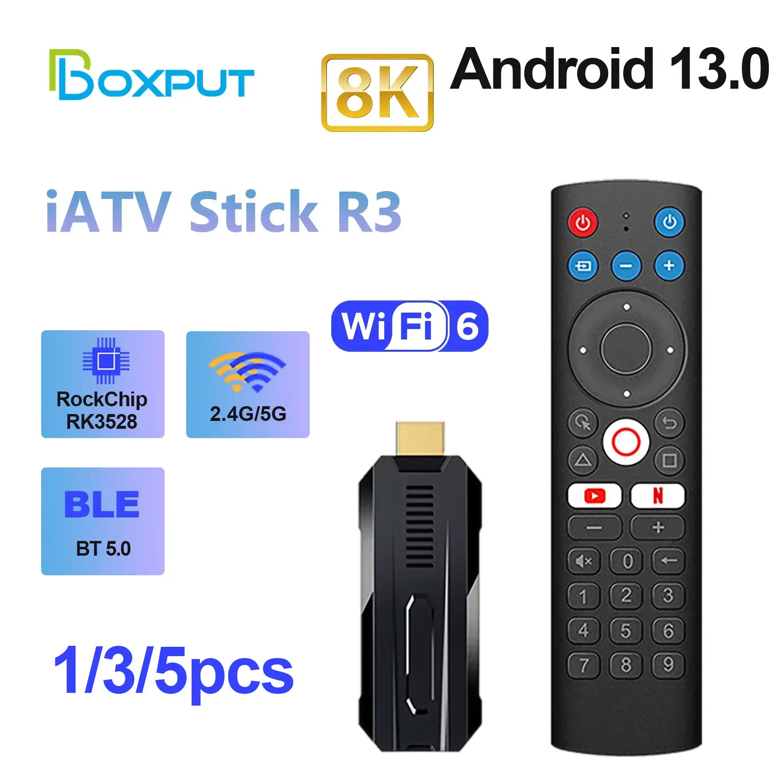 

Wholesale Android 13 iATV R3 Fire TV Stick RockChip RK3528 8K Portable TVbox 2.4G/5G WiFi6 BT5.0 OTG TF Slot Logo Customization