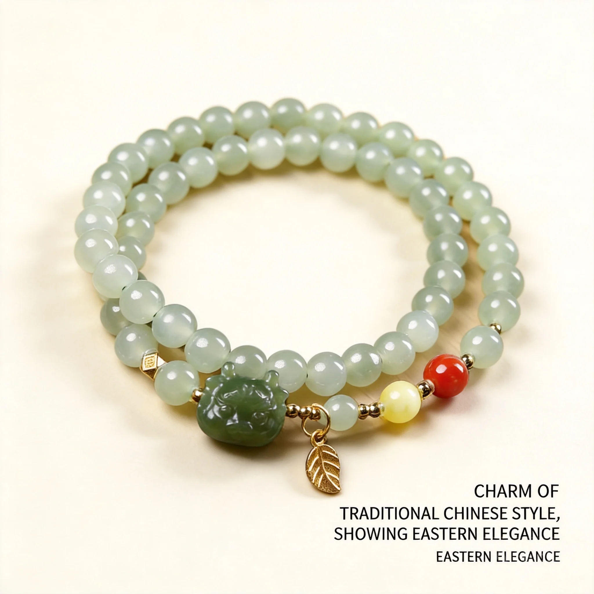 Chinese Style Lucky Hetian Jade 6mm Beads Double Layer Bracelet For Women Awakened Lion Charm Red Agate Beeswax Blessing Wealth
