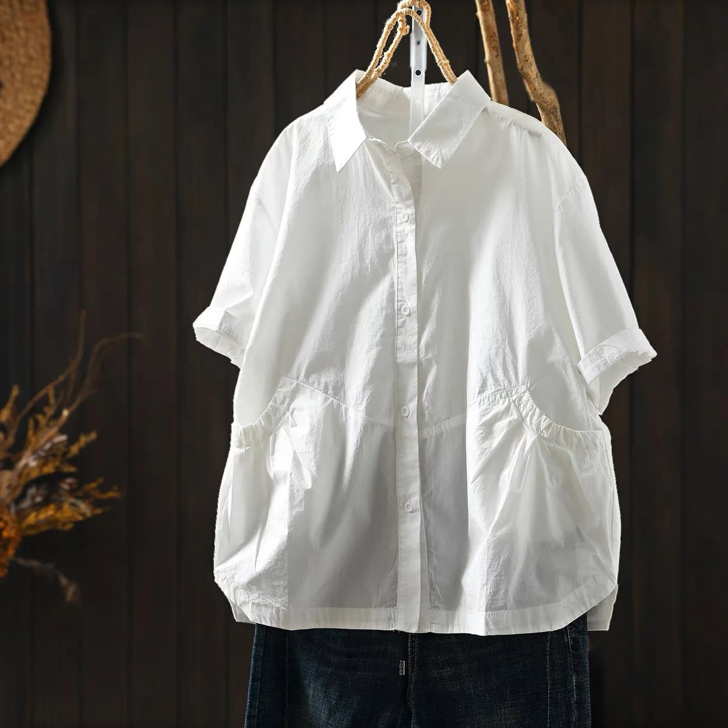 2026 Women Vintage Washed Cotton Shirts and Blouses Japanese Style Lapel Collar Short Sleeve Tops Solid Oversized Shirts