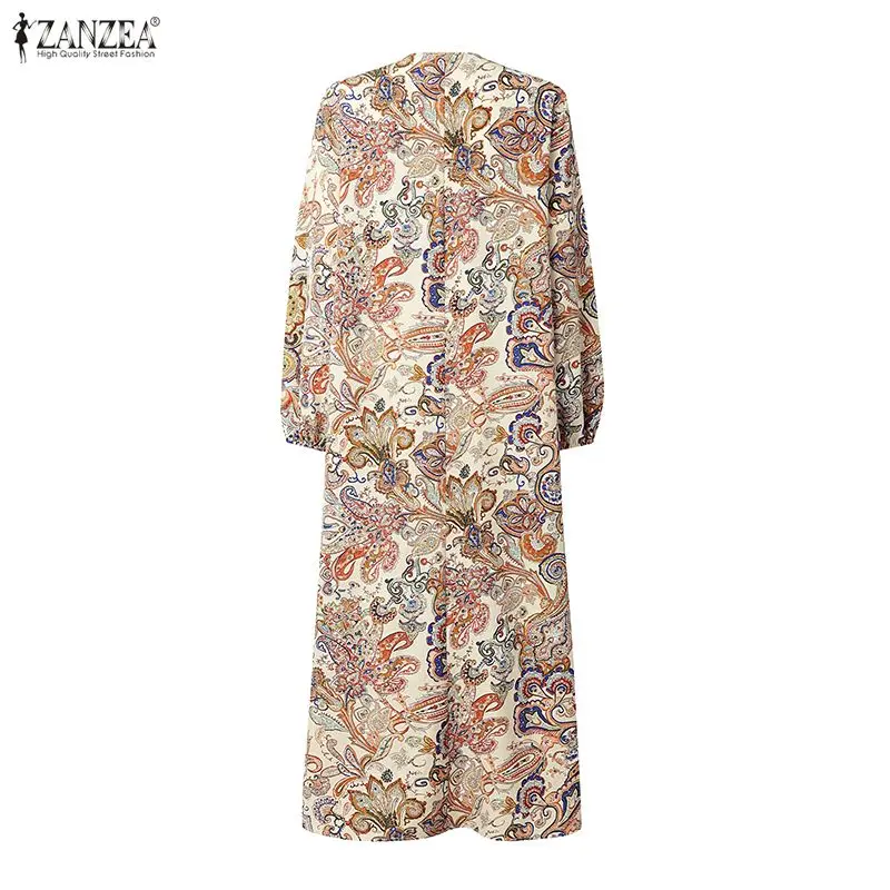 ZANZEA Women Vacation Paisley Print Maxi Dress Muslim Modest Hijabs V-Neck Long Lantern Sleeves Loose Abaya Islamic Robes Femme