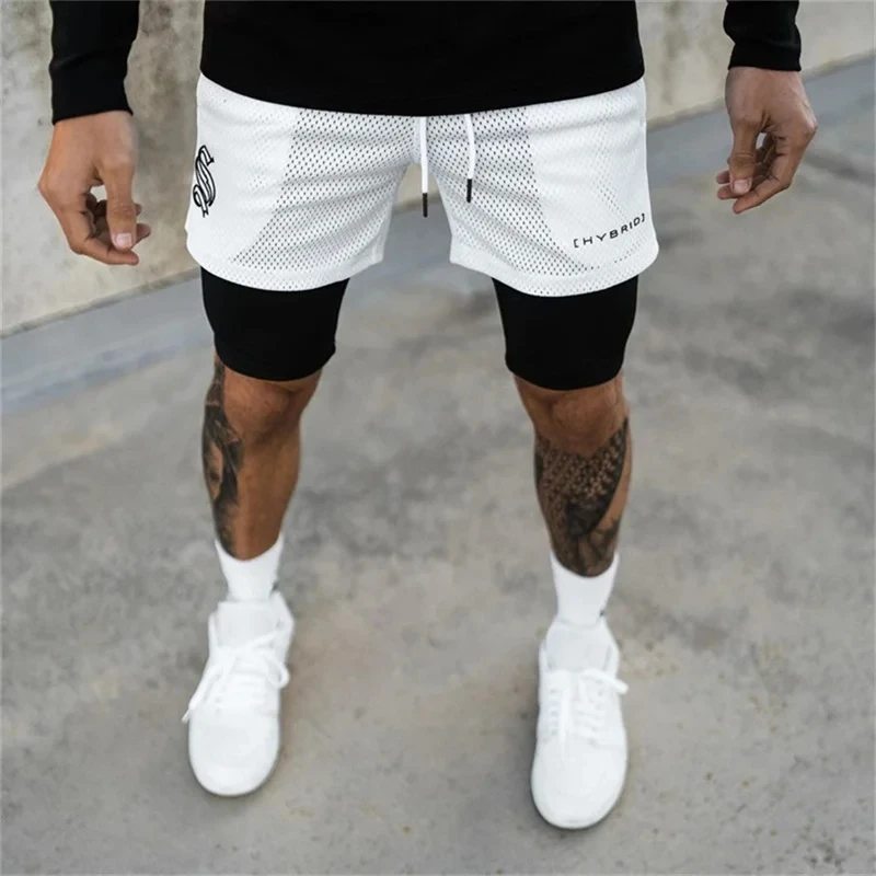 2024 summer mesh Sports Shorts Men Double-deck Jogging Running Shorts Men 2 IN 1 Mens GYM Shorts Fitness Workout Short Pants Man