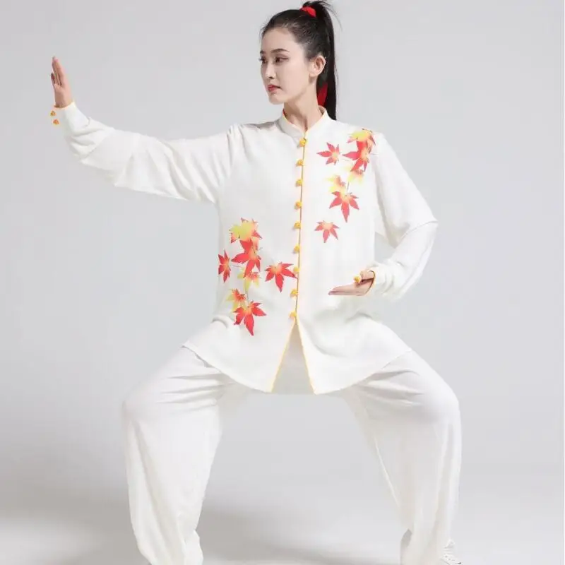

Chinese Traditional Wing Chun Tai Chi Clothing Maple Leaf Print 2 Pcs Top &pant Suit Shaolin Wushu Morning Exercise Costumes