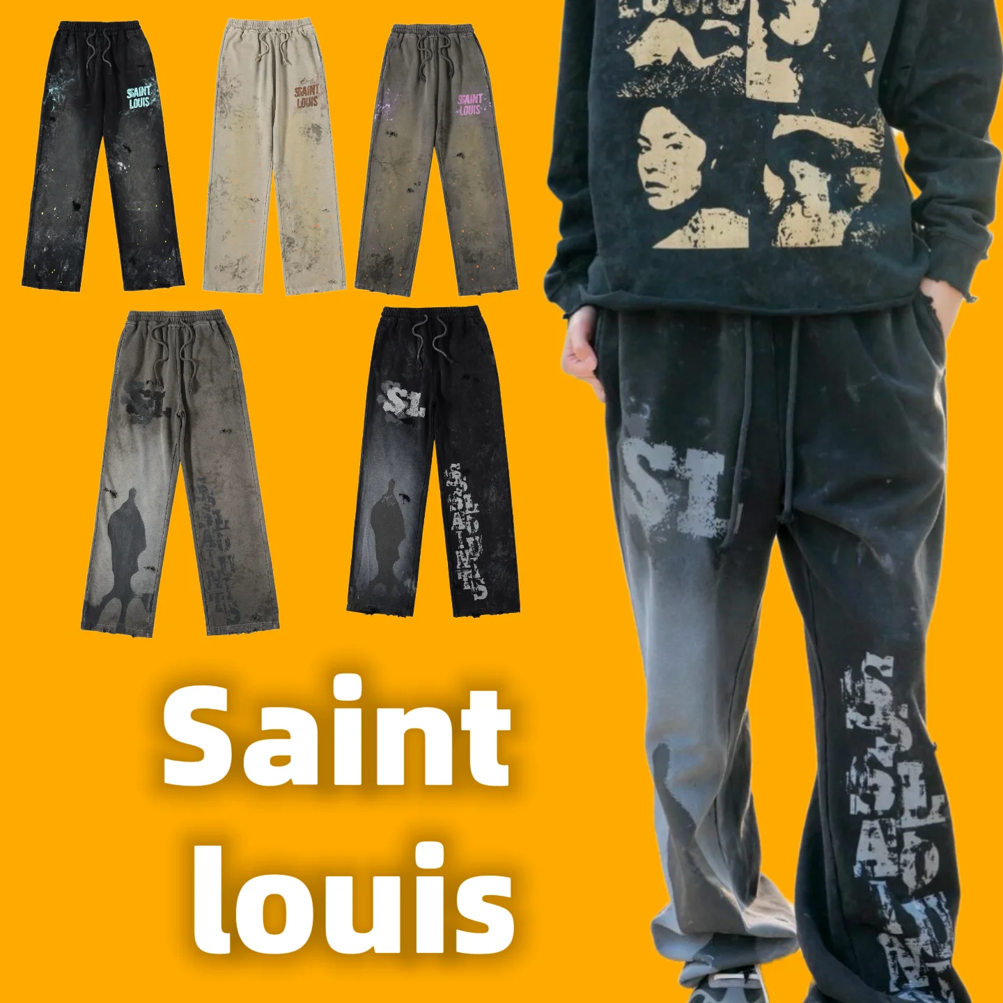 

Saint Louis American High Street Men's And Women's Loose Waed Vintage Straight Leg Sweatpants Youth Trendy Long Trousers