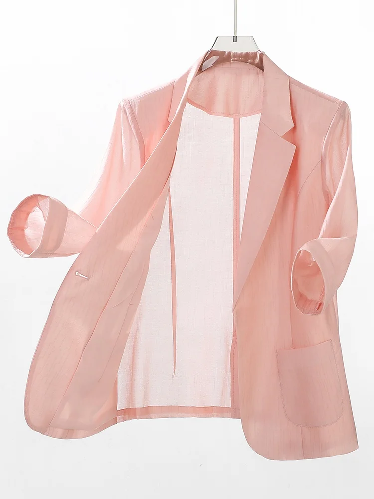 Champagne Color Slim Fit Women's Spring Summer Casual Short Sleeve Suit Jacket Light Weight Sun Protection Top Coat