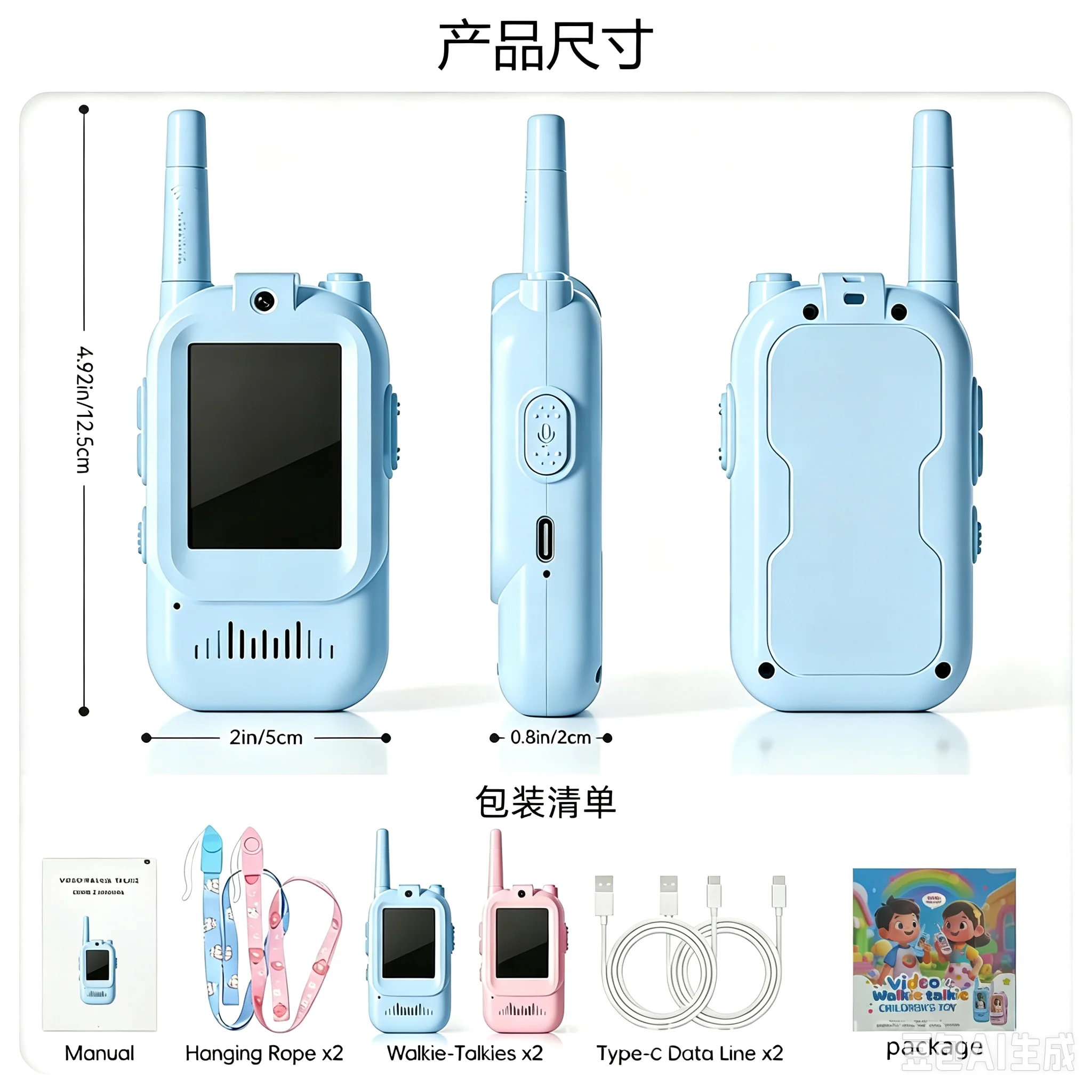 Video Walkie Talkies for Kids 2 Pack Rechargeable Intercom Walkie-talkie 2 Screen One-Click Call Child Video Intercom
