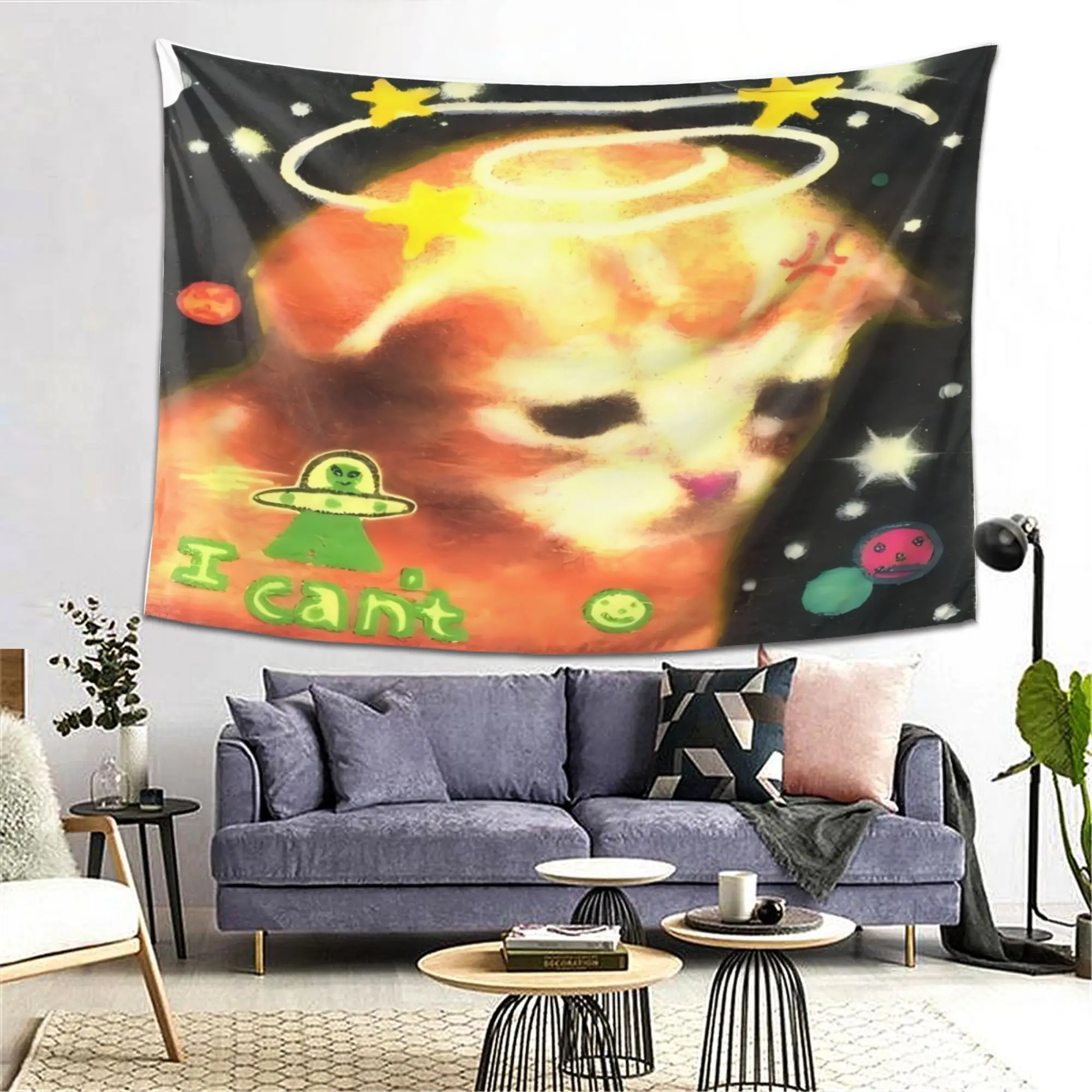 VIKAMA Graffiti Space Cat Tapestry Sad Kitten UFO Wall Hanging Cartoon Galaxy Aesthetic Backdrop for Bedroom Dorm Kawaii Decor