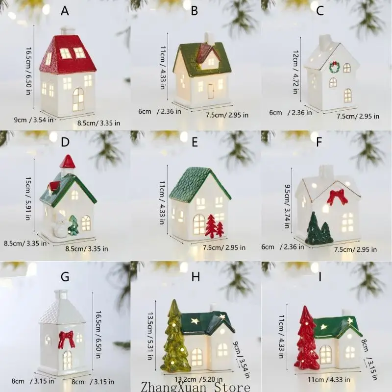 Eingangstisch-Weihnachtsschmuck, Keramik-Dorfhaus-Akzent mit warmer Innenbeleuchtung für die winterliche Regalpräsentation 3XUF – Detail 7