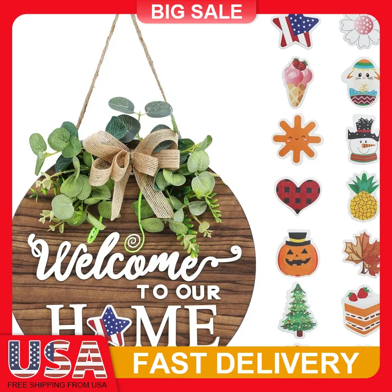 

12 Inch Rustic Wooden Welcome Sign for Front Door Farmhouse Porch Seasonal Decor Halloween Christmas Holiday Decorations