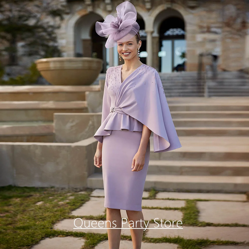 

Popular Lilac Mother of The Bride Dress Customized V Neck Beading Pearls Knee Length Guest Wedding Party Gown for Woman