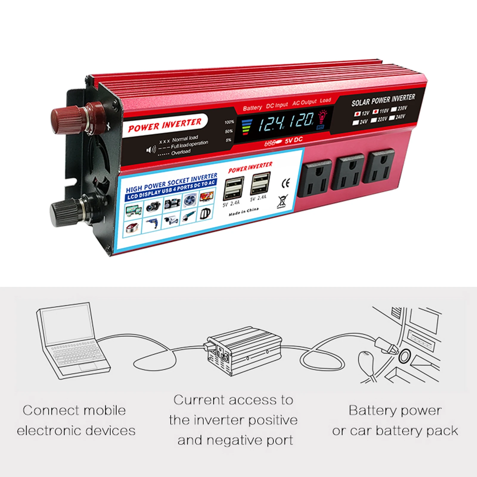 Solar Power Inverter High Efficiency Sine Wave Inverter Home Car RV Solar Power Converter with LCD Display DC 12V to 110V AC850W