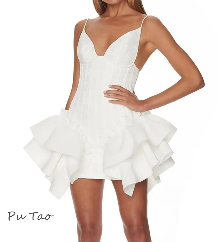 

PuTao White Shprt Homecoming Dress Ruffled Red Prom Dress Cascading Ruffles Design Sexy V Neck Celebrity Party Club Mini Dress