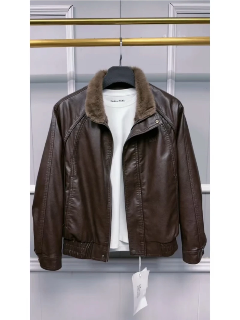 

Thiened Fce Casual Leather Jaet Men's Faionable All-Match Trendy Brand Stand Collar Loose Top PU Leather Jaet