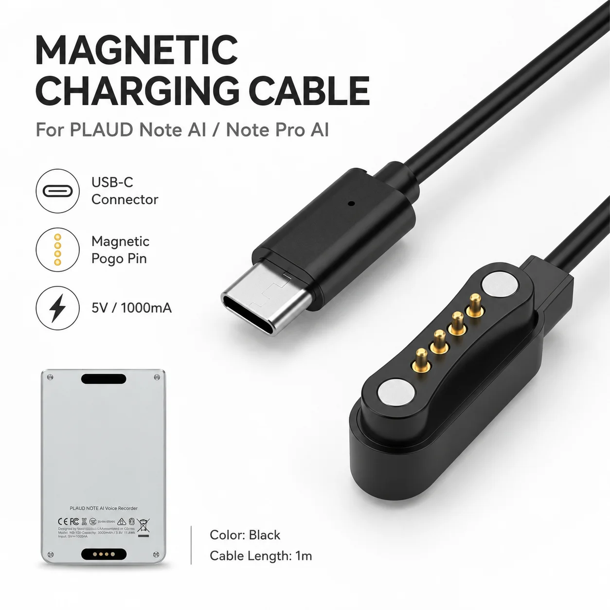 For PLAUD Note AI Voice Recorder Magnetic USB-C Power Cable Black Fast Charging Accessory For Voice Recording Device