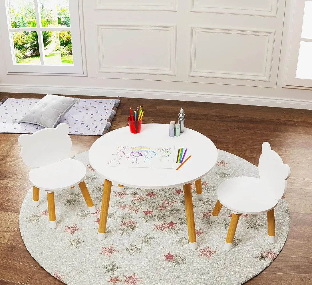 Set tavolo e sedie in legno per bambini, tavolo da gioco per bambini con 2 sedie, tavolo rotondo per bambini da 3 pezzi per bambini piccoli, ragazze, ragazzi, bianco